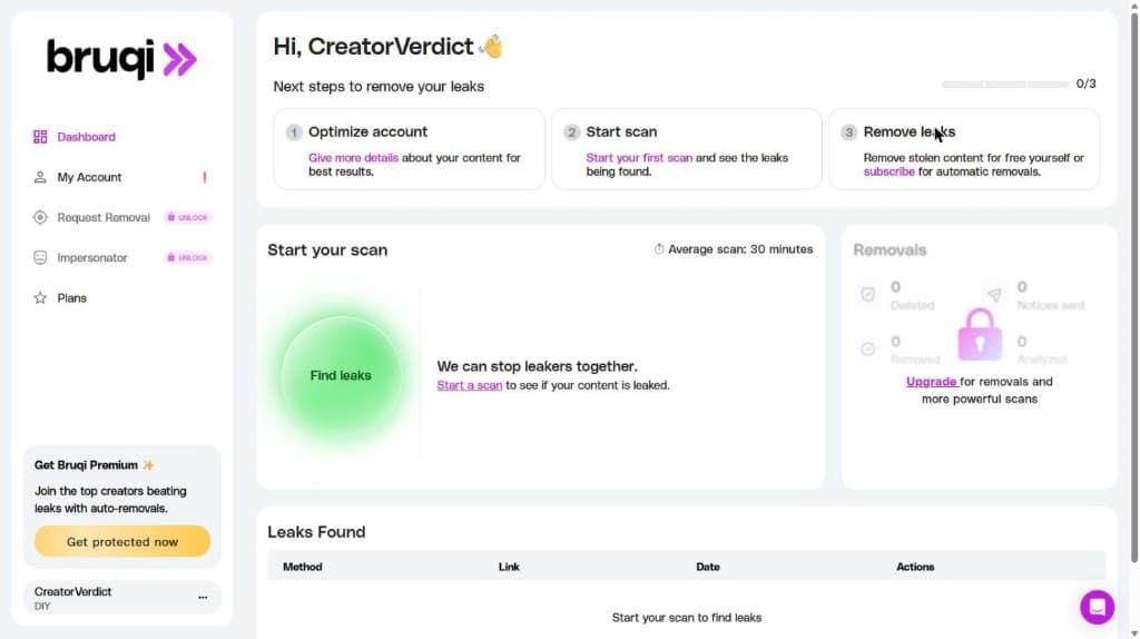 Bruqi DIY dashboard for CreatorVerdict with Find leaks button and average scan 30 minutes