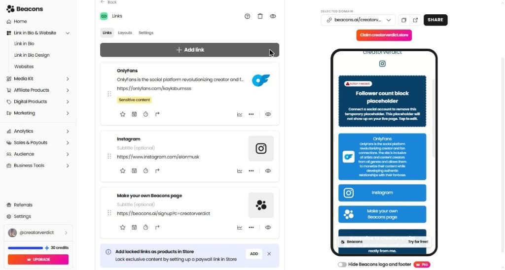 Beacons editor with OnlyFans link auto-tagged Sensitive content