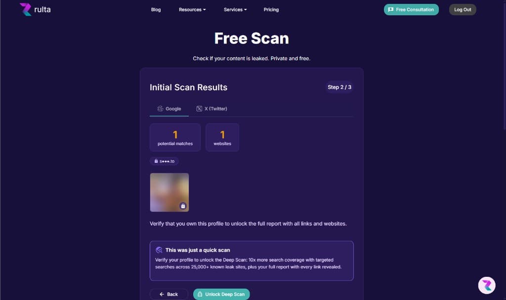 Rulta initial scan results showing 1 potential match on 1 website with domain partially masked