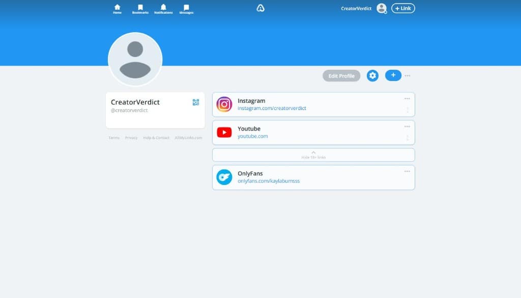 AllMyLinks public page showing Instagram, YouTube, and OnlyFans links