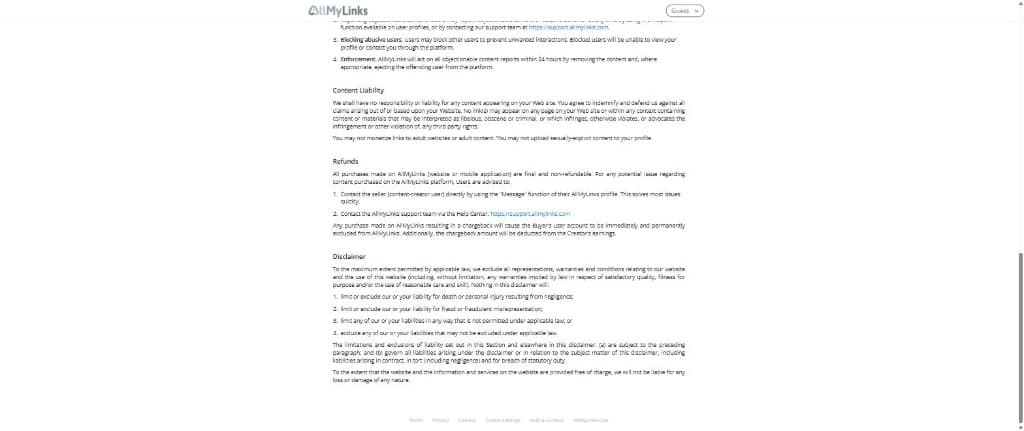 AllMyLinks terms Content Liability section barring monetizing adult links