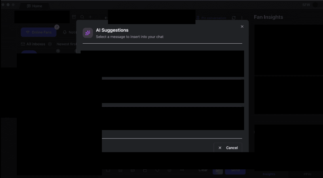 OFManager AI Suggestions panel open over a chat workspace, offering three selectable AI-drafted replies