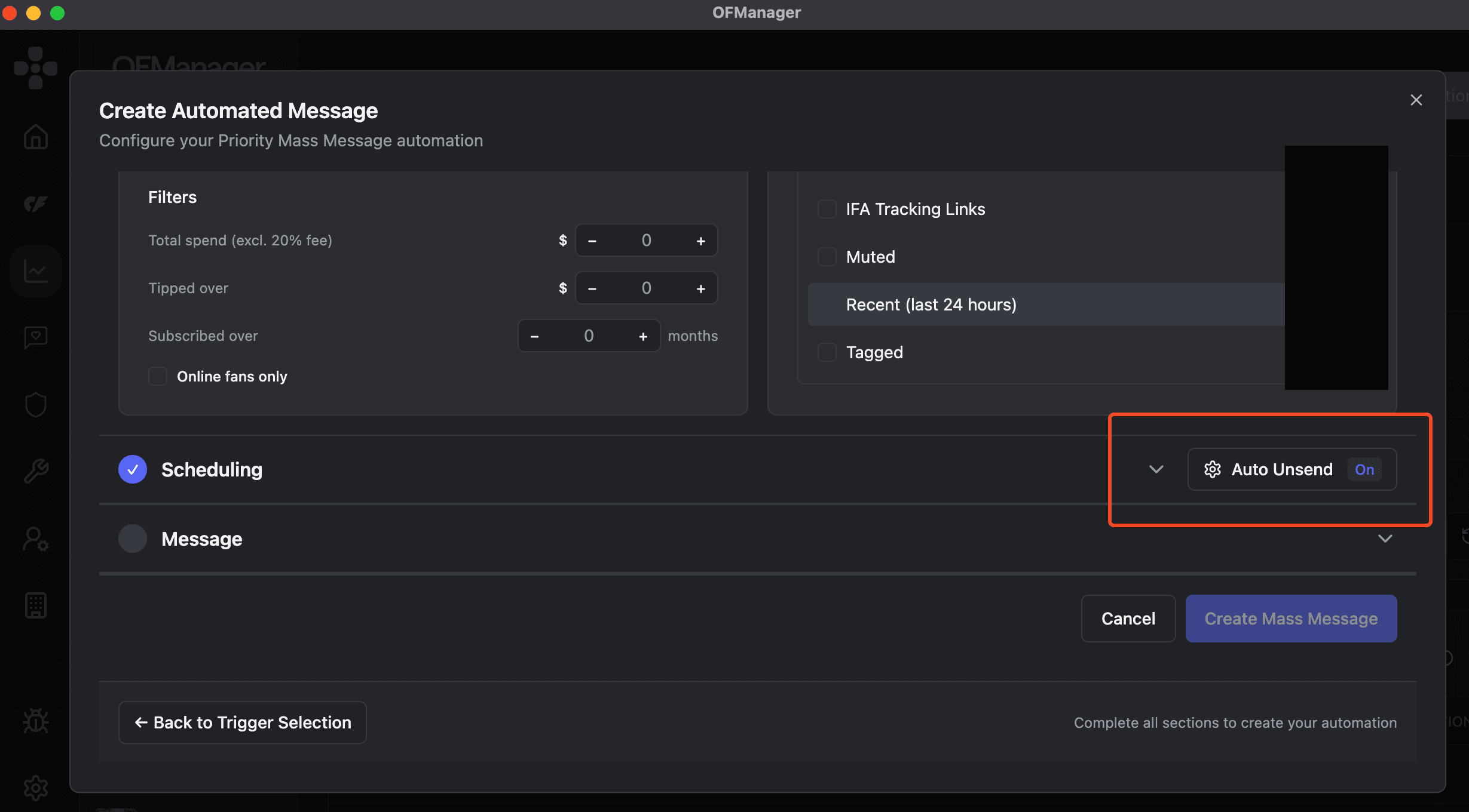 OFManager Create Automated Message dialog showing audience filters for total spend, tips and subscription length, fan segments, scheduling and message sections, and an Auto Unsend toggle