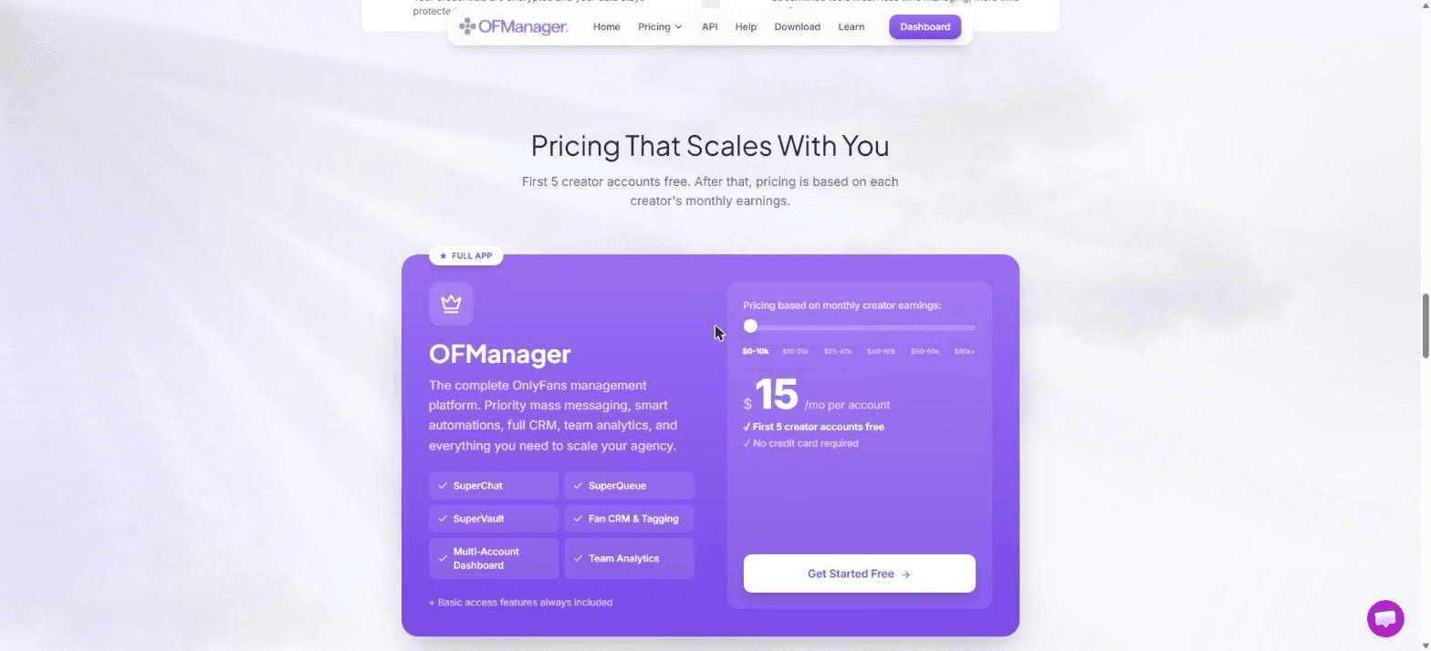 OFManager agency pricing showing the entry rate per creator account for creators earning under ten thousand dollars a month