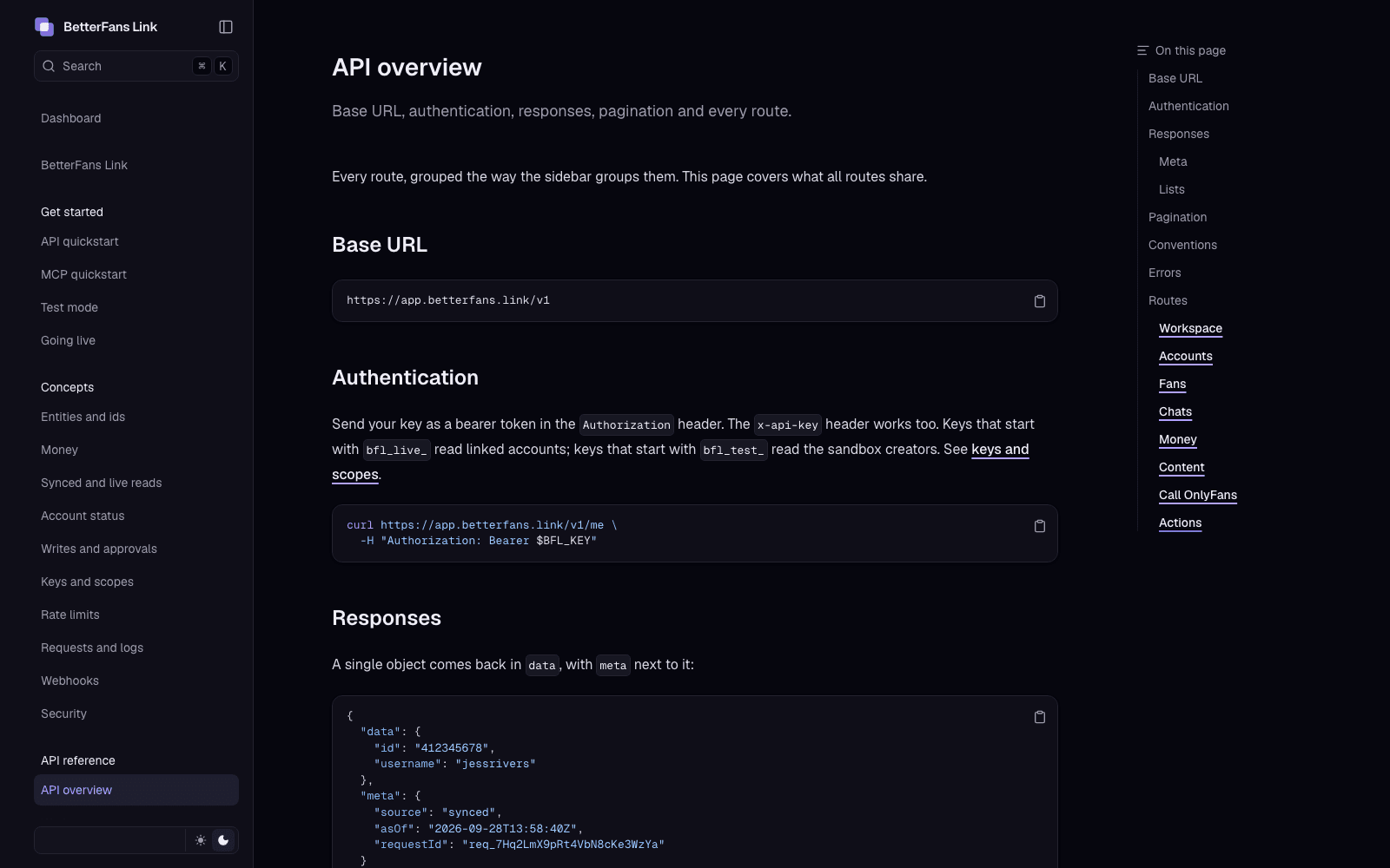 BetterFans Link API overview docs page showing the base URL, bearer-token authentication with live and test key prefixes, and a response envelope with a data object and a meta block