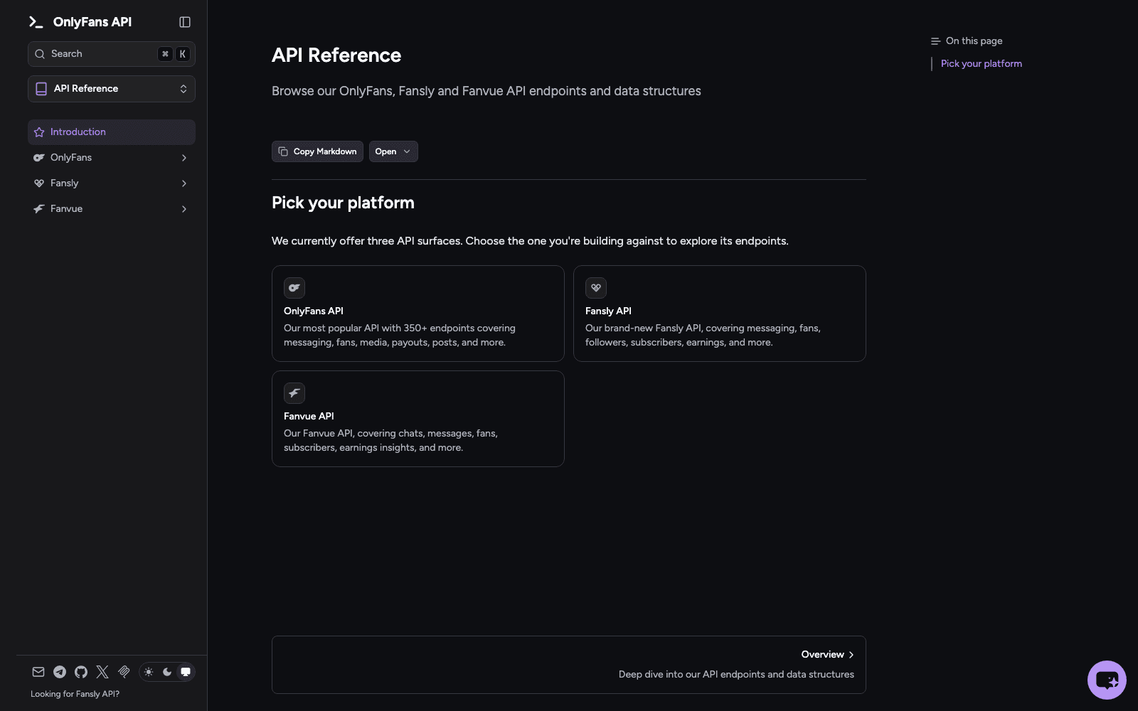 OnlyFansAPI docs API reference landing page offering OnlyFans, Fansly and Fanvue API surfaces, with the OnlyFans card claiming 350+ endpoints