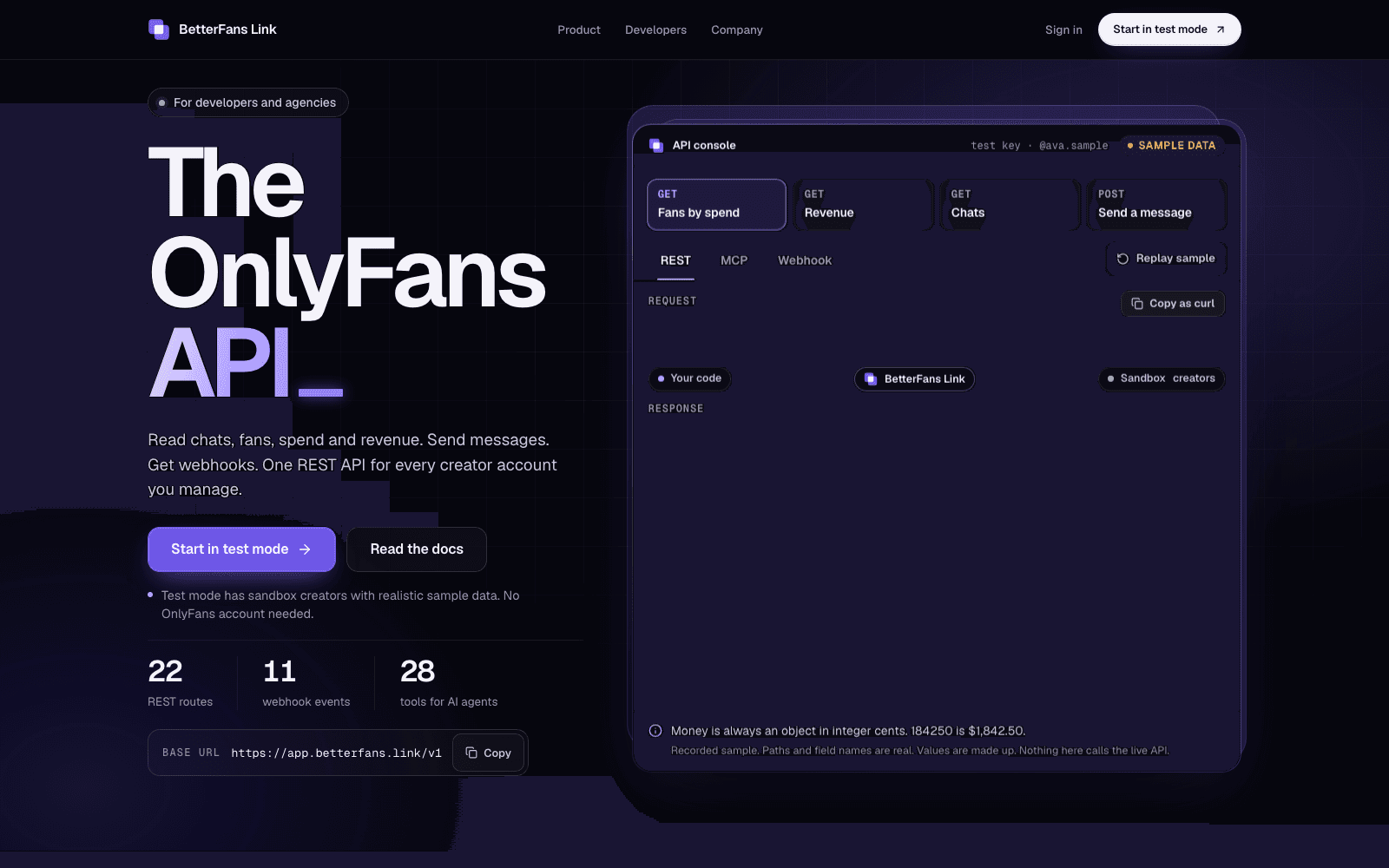 BetterFans Link homepage with the hero headline "The OnlyFans API", an API console labelled sample data, published counts of 22 REST routes, 11 webhook events and 28 tools for AI agents, and the base URL