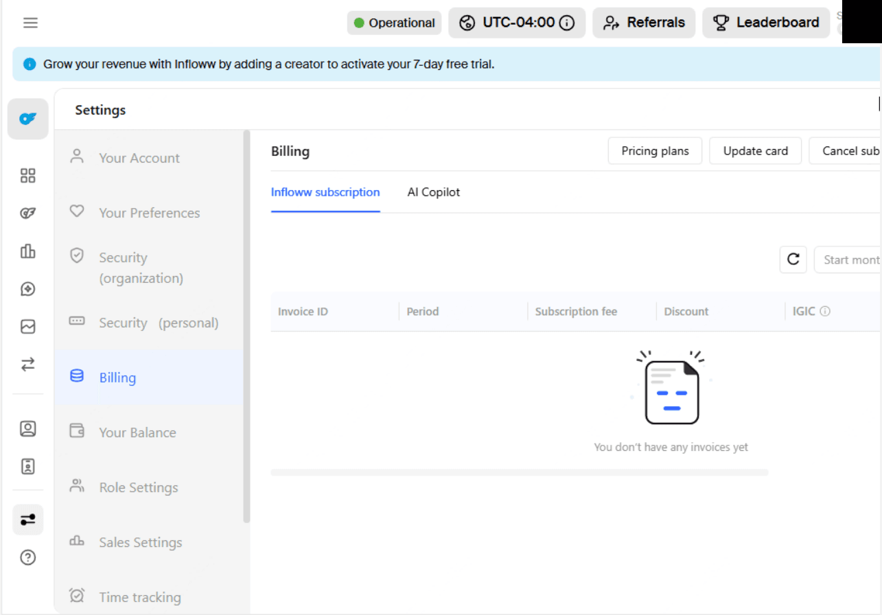 Infloww billing settings showing an empty invoice table and a settings menu including Billing, Your Balance and Role Settings