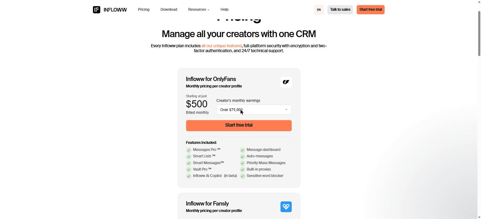 Infloww pricing page showing the per-profile monthly price for the top creator earnings band